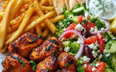 Poulet grillé accompagné de frites, salade grecque, pain pita et tzatziki